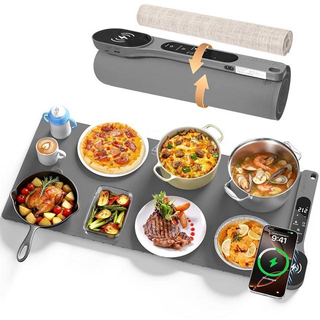 New Food Warming Mat with Wireless Charger, 34”x15” Extra Large Roll Up Food Warmer Fast Heating Mat for Food with 7 Level Temperature & 8 Hours Timer, Electric Warming Trays for Buffets Party (Grey)