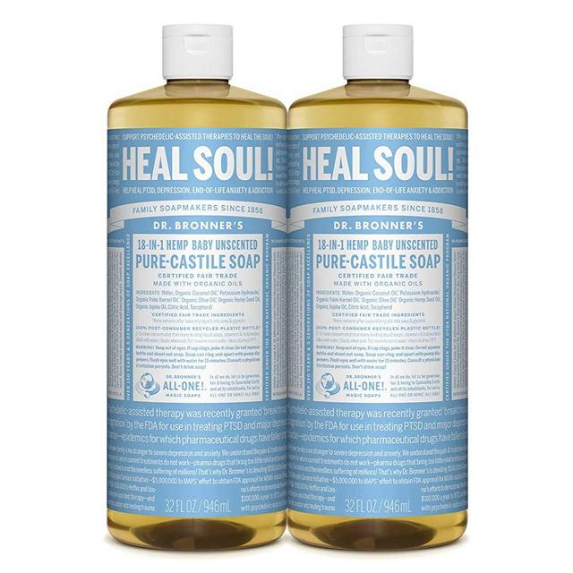 Dr. Bronner’s - Pure-Castile Liquid Soap (Baby Unscented) - Made with Organic Oils, 18-in-1 Uses: Face, Hair, Laundry and Dishes, For Sensitive Skin and Babies (32 Fl Oz (Pack of 2))