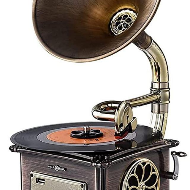 MEAGEAL Mini Record Player, Retro Phonograph Bluetooth Speaker, Vintage Gramophone, Vinyl Record Player Turntable with Copper Horn,Aluminum Body,3.5mm Aux-in,USB Flash Drive,FM Radio
