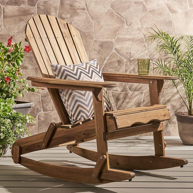 Christopher Knight Home Vayne Acacia Wood Lounge Chair Outdoor, Slatted Adirondack Rocking Chair, Patio Adirondack Chair, Extra Seating for Balcony Backyard Poolside Garden, Weather Resistant, Natural
