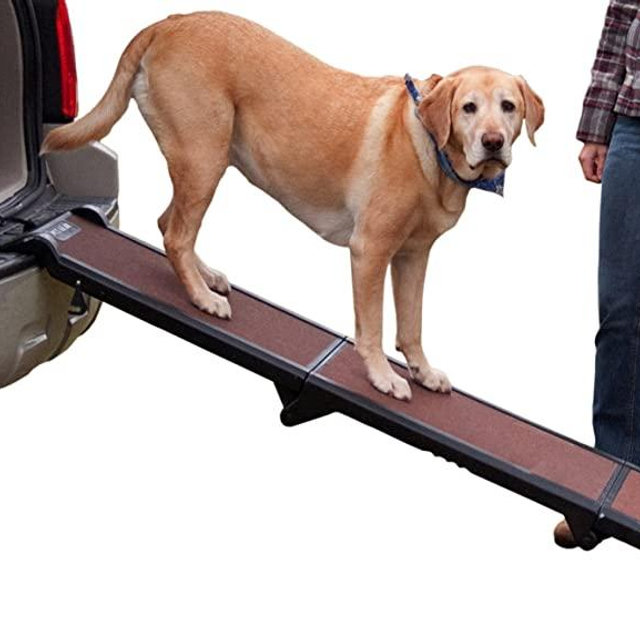 Pet Gear Full Length Ramp, Patented Compact Easy-Fold Design, Lightweight/Portable, Safety Tether Included, Rubber Grippers for Stability