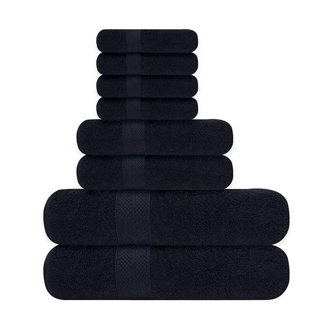 Avalon Towels Premium Towels Set – Made from 600 GSM Premium Ring Spun Cotton – Pack of 8 Highly Soft and Absorbent Towels – Set Includes 2 Bath Towels, 2 Hand Towels and 4 Washcloths (Black)