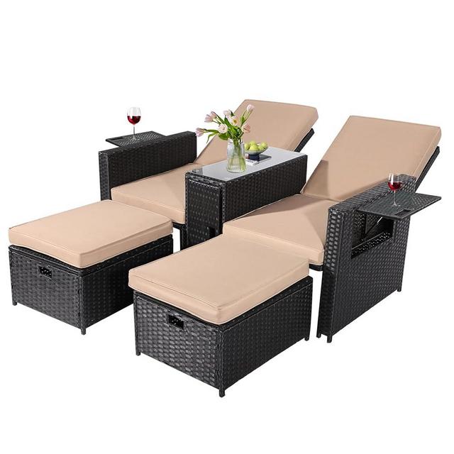 VUYUYU 5PCS Outdoor Wicker Chaise Lounge Chair - Rattan Adjustable Reclining Patio Lounge Chair with Ottoman and Coffee Table, for Patio Beach Pool Backyard (Black Wicker Khaki Cushion)