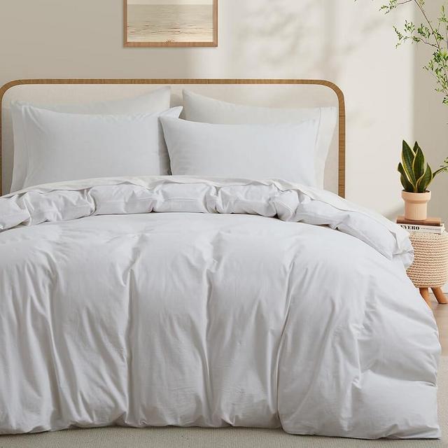 LOVQUE 100% Washed Cotton Duvet Cover Twin Size, Linen-Like Textured White Fade-Resistant Natural Bedding Set (No Comforter), 68x90 Inches