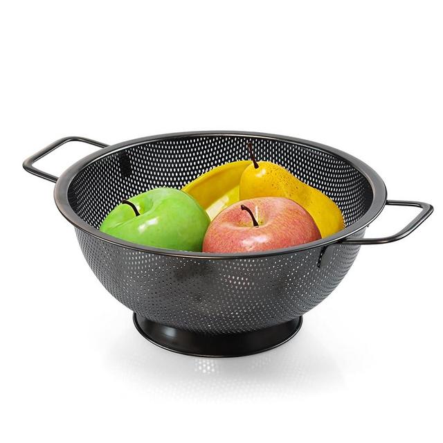 Antuoo Stainless Steel Colander, Kitchen 3 Quart Metal Strainer for Draining Pasta & Rice with Handles and Self-Draining Base, Mesh Colander Strainer for Washing Vegetables & Fruits (Black)