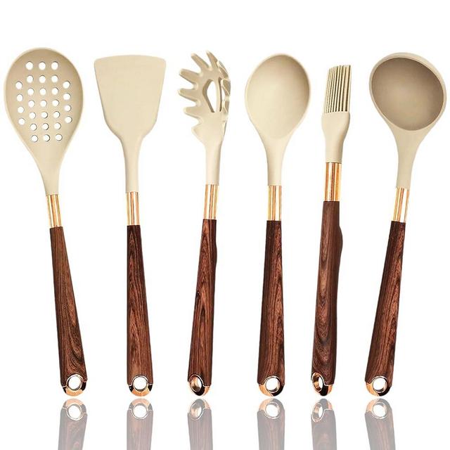 Silicone Cooking Utensils Set - 446°F Heat Resistant Kitchen Utensils for Cooking- Natural cloak hard wood handle - BPA free (6 Pcs) - Non Scratch & Non Stick