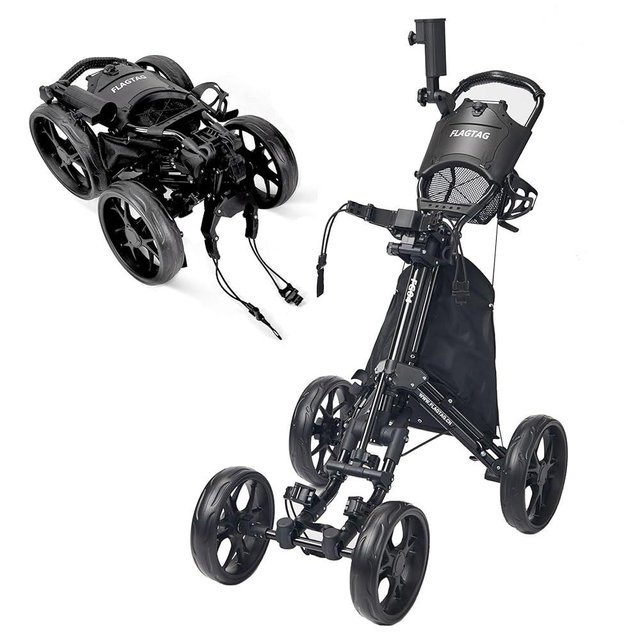 FLAGTAG Golf Push Cart 4-Wheels,Folding Golf Cart, Golf Pull cart with Cup Holder,Umbrella Holder,Cooler Bag, Foldable with one-Click,Handle Height Adjustable,Drink Holder,Walking Push cart
