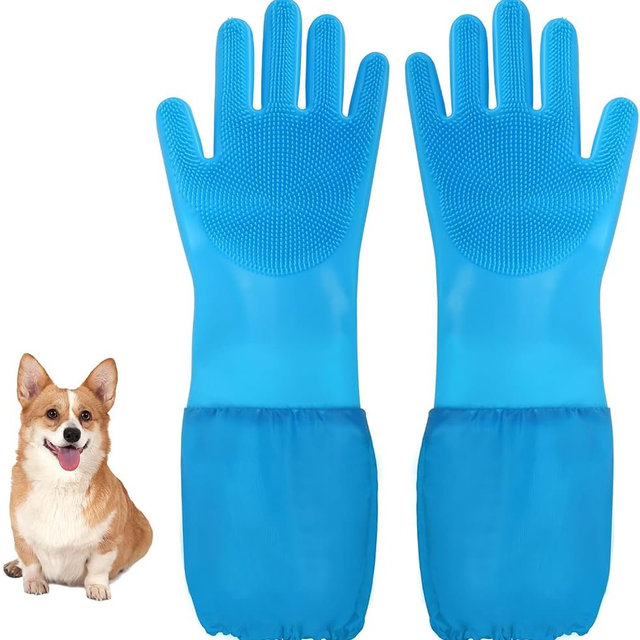 ROBATUN Dog & Cat Grooming Gloves – 2-in-1 Silicone Shower Gloves with Finger Toothbrush – Soft, Multifunctional Pet Hair Remover for Bathing, Massaging & Cleaning(Blue)