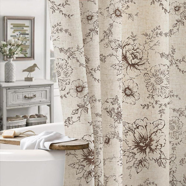 Awellife Farmhouse Vintage Shower Curtain Brown Pattern Floral Linen Rustic Tattoo Shower Curtains for Bathroom, Tan Taupe, 72 Wx72 L
