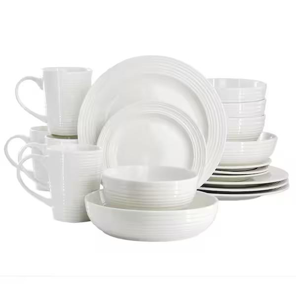 Elama Nikki 18-Piece Ribbed White Porcelain Dinnerware and Serving Bowl Set 985121503M