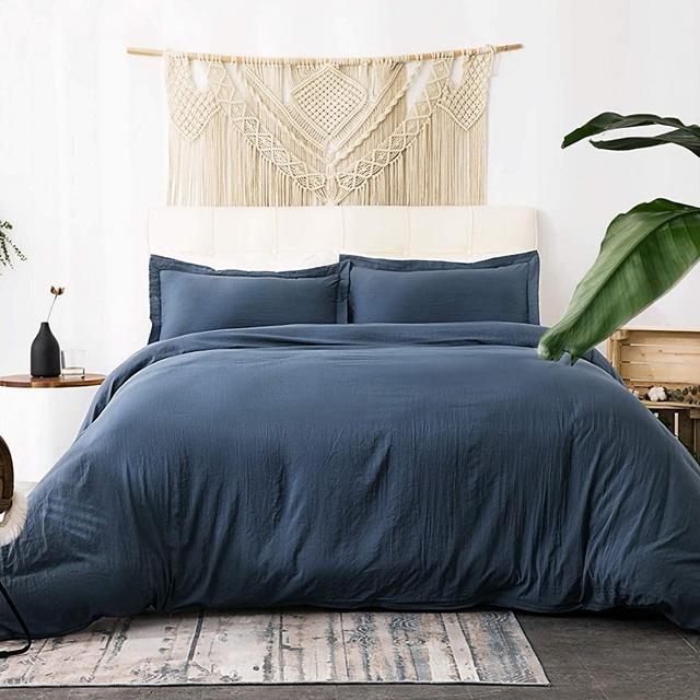 Bedsure Washed Duvet Cover Set Full/Queen Size with Zipper Closure, Ultra Soft Hypoallergenic Comforter Cover Sets 3 Pieces (1 Duvet Cover + 2 Pillow Shams), Navy, 90X90 inches