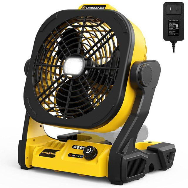 TREXEEN Battery Operated Fan for Dewalt 20V Max battery, Portable Fan with AC Adapter & LED Lights, 4 Speeds & Hook, Cordless/Camping/Battery Powered fan, for Outdoor Jobsite (Battery Not Included)