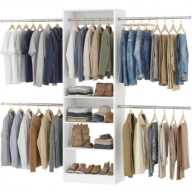 Homieasy Closet System, 4.5-11.5 Ft Expandable Closet Organizer with 5 Hanging Rods, Walk-in Wood Closet Organizer System with Storage Tower, Heavy Duty Garment Rack Wardrobe for Bedroom, White