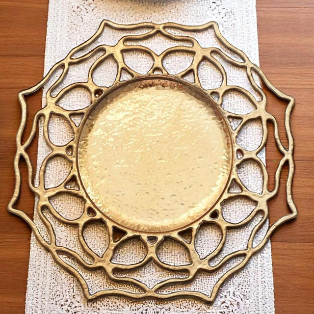 6ct | 13'' Acrylic Charger Plates | Round Gold Floral Cutout Design With Hollow Flower Charger Plate| Plastic Dinnerware, Heavy Duty Plates