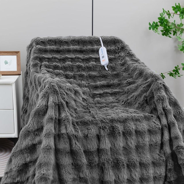 TiMiCalda Heated Blanket Electric Queen- 84"x90" Soft Thick Bubble Electric Blanket for Sofa with 5 Heat Levels & 10 Hours Auto-Off Overheat Protection, Warm Cozy Gifts, Light Grey
