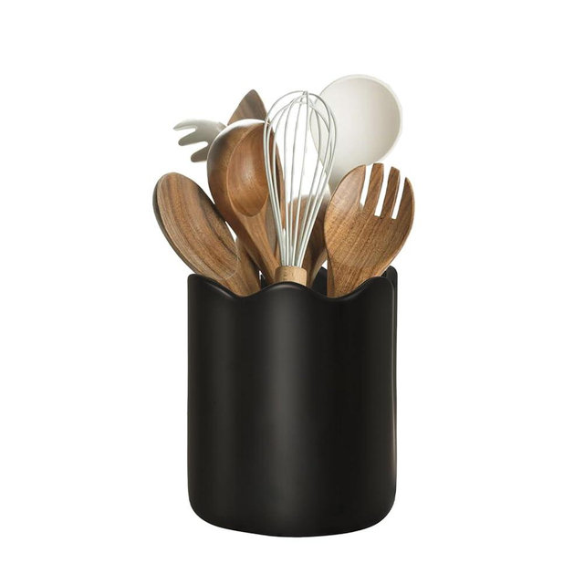 LYRIMEAI Ceramic Utensil Holder for Kitchen Counter, 6.2" Kitchen Utensil Holder with Cork Bottom for Countertop, Modern Scalloped Cooking Tool Organizer for Spatula, Matte Black