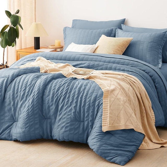 CozyLux Oversized King Comforter Set with Sheets, 7 Pieces 120"x98" Grayish Blue Seersucker Bed in a Bag, Dusty Blue Bedding Set with Down Alternative Comforter, Sheets, Pillowcases & Shams, Home Gift