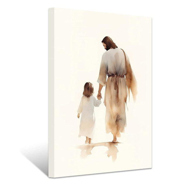ZXHYWYM Jesus Canvas Wall Art God and Girl Back View Pictures Prints Christian Spiritual Poster Watercolor Artwork for Prayer Room Living Room Framed(3, (28.00" x 42.00"))