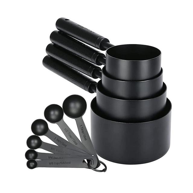 Malmo Measuring Cups and Spoons Set,10-piece with Wooden Handle, Matte Finish stainless steel (Dark Black)