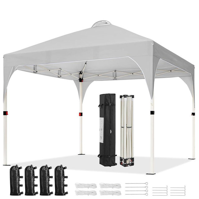 Yaheetech 10x10 Pop Up Canopy Tent with Vent, Easy Set Up Tent, Instant Sun Shelter Canopy with Wheeled Bag, 4 Sandbags, 12 Stakes & 4 Ropes, for Parties, Beach, Outdoor, Light Gray