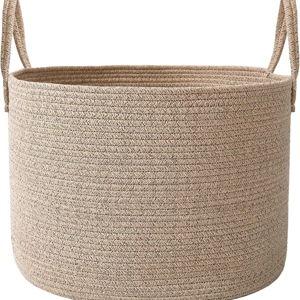 JMvicyroam 115L Extra Large Blanket Basket for Living Room - Woven Cotton Rope Laundry Hamper with Reinforced Handles - Storage Bin for Pillows, Comforters & Toys - Machine Washable,Oatmeal
