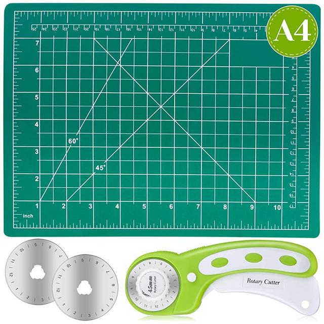 Rotary Cutter Set, Audab Self Healing Sewing Mats Rotary Cutter and Mat 45mm Rotary Fabric Cutter Set with 2 Blades Rotary Cutting Mat for Crafts Fabric Quilting Hobby (9" x 12" (A4))