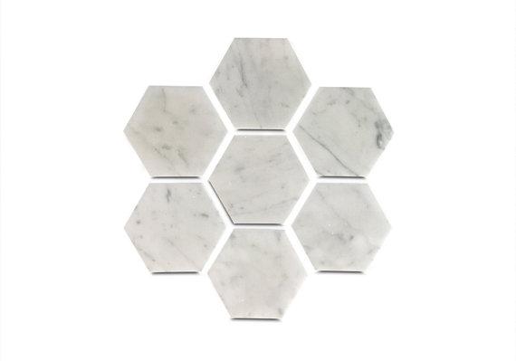 Six Geometric Coasters in White Carrara Marble - Set of Six Hexagon Coasters with Cork Backing