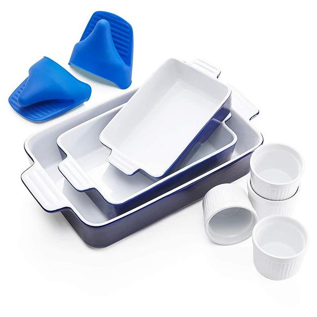 Vexilsy Baking Dish Set, Ceramic Bakeware Set Includes 3 Rectangular Nonstick Casserole Dish, 4 Ramekins, Silicone Double Finger Grip, Baking Pans for Lasagna Pan,Cooking,Cake, Dinner,Daily Use (blue)