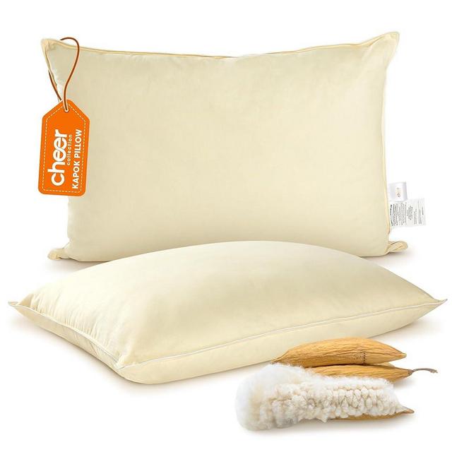 Cheer Collection Set of 2 Organic Kapok Bed Pillows, Natural Kapok Fiber Filled Sleeping Pillows with Breathable Cotton Shell, King Size, 20 x 36 inches