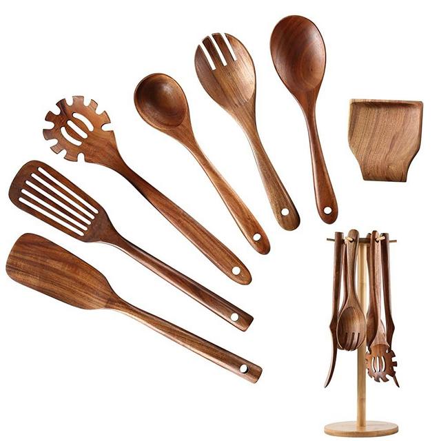 Wooden Kitchen Utensil Set, NAYAHOSE Bamboo Utensil Holder with 6 Hooks Kitchen Countertop Hanging Organizer for Spoon Spatula Fork,Teak Wooden Spoons for Cooking, 8pcs (8)