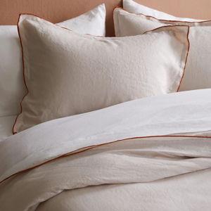 European Linen Double Embroidered Edge Sham Set in Sand With Terracotta Embroidery