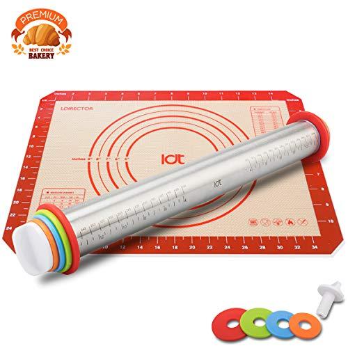 Rolling Pin, Silicone Baking Pastry Mat Set, Stainless Steel Adjustable Rolling Pins, With Baking Mat 4 Thickness Rings, Measuring Dough Roller For Fondant, Pizza, Macaron, Pasta, Cookies