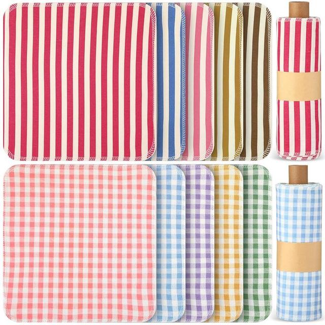 50 Pcs Reusable Paper Towels Paperless Towels Reusable Cotton Cloths Reusable Toilet Absorbent Washable Paper Towels with Roll Kitchen Dishcloth for Kitchen Paperless Dishcloths (Plaid, Stripe)
