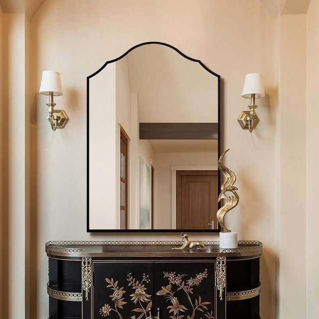Autdot Black Arched Mirror for Bathroom, 36"x24" Bedside Mirrors for Wall with Modern Antique Metal Frame, Large Scalloped Entryway Decor