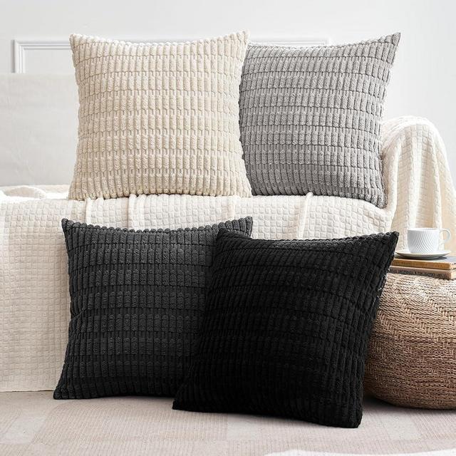 MIULEE Pack of 4 Neutral Mid Century Black and White Corduroy Decorative Throw Pillow Covers 18x18 Inch Modern Soft Striped Pillow Covers Home Decor for Sofa Living Room Couch Bed