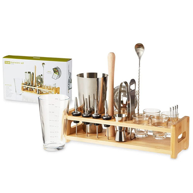 True Barware 20-Piece Bar Kit with Shaker, Mixing Glass, Muddler, Double Jigger & More, Set of 20, Stainless Steel, Glass, Wood