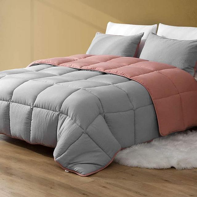 DWR All Season Reversible Down Alternative Comforter Duvet - 3pcs Ultra-Soft Air-Fluffy Breathable Eucalyptus Microfiber Comforter Set with Shams (Full/Queen, Forest Grey/Rose Red)