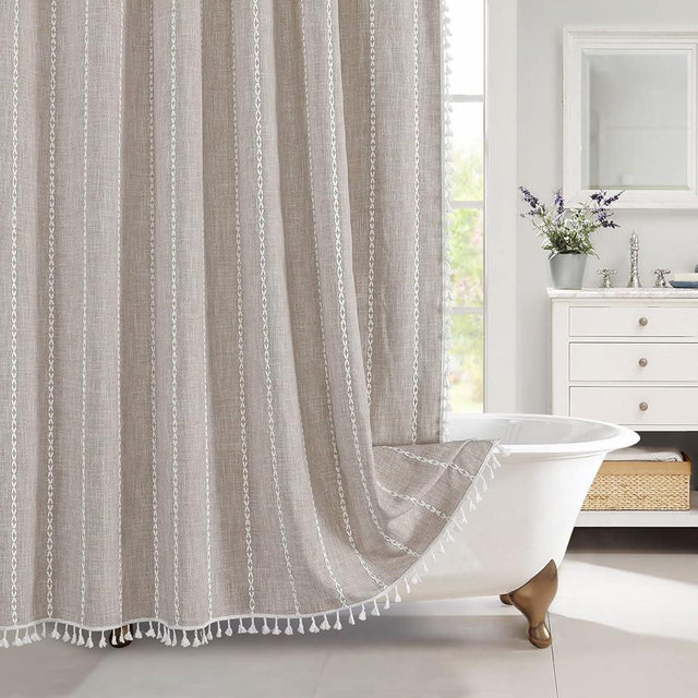 MitoVilla Boho Extra Long Shower Curtain 72 x 84, Tan 84 inch XL Cotton Linen Tassel Fabric Shower Curtain Set with Hooks for Vintage Country Farmhouse Bathroom Decor, Thick & Wrinkle Resistant