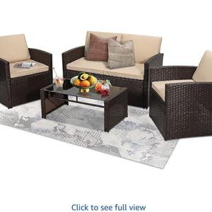 4 Pieces Patio Conversation Set, Outside Rattan Sectional Sofa, Cushioned Furniture Set, Wicker Sofa Ideal for Garden, Porch, Backyard, Brown Color Rattan and Beige Cushion