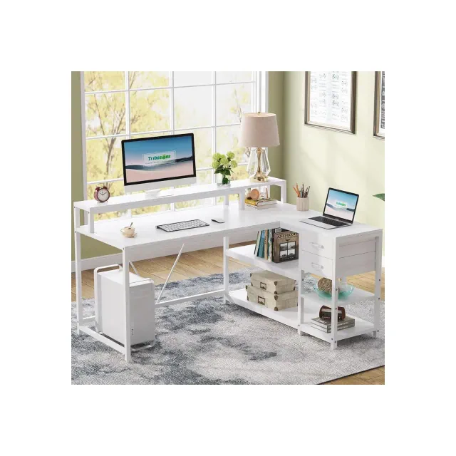 Lantine 55-Inch Reversible L-Shaped Desk with Drawer, Modern White Corner Desk with Storage Shelves and Monitor Stand for Home Office, Small Space