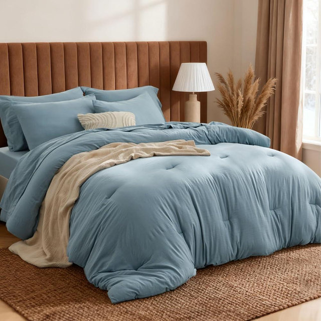 Bedsure King Size Comforter Set, Dusty Blue Soft Prewashed Bedding for All Seasons, 7 Pieces Warm Winter Down Alternative Bed Set, Fluffy Bed in a Bag with Sheets, Pillowcases & Shams