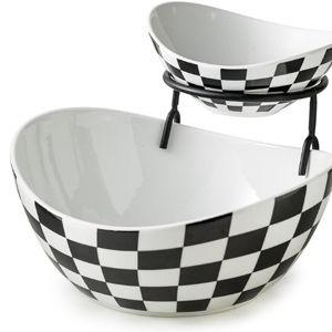 Miamolo Tiered Serving Bowls Chip and Dip Serving Set with Stand, Ceramic Appetizer Serving Dishes Platters and Trays for Parties Entertaining - Checkered Kitchen Decor