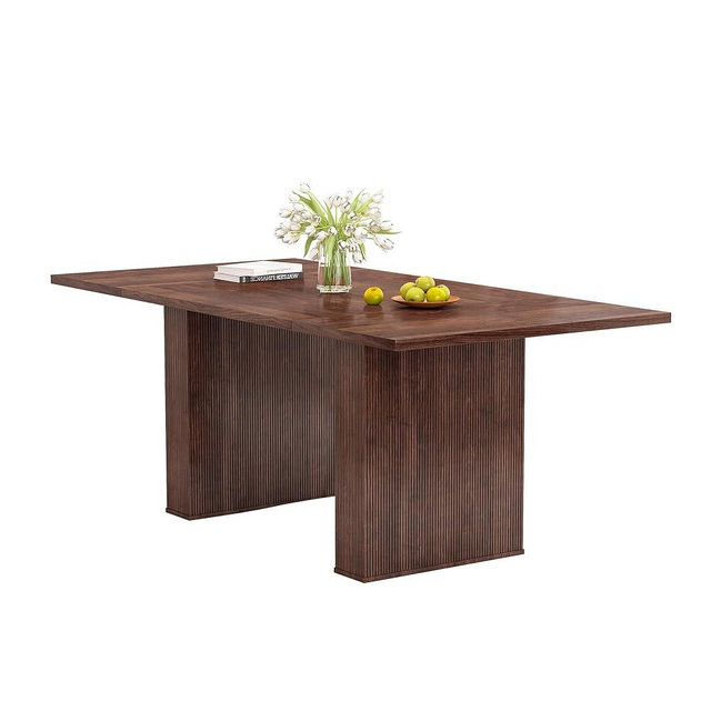 QHITTY 78 Inch Fluted Dining Table, Wood Kitchen Table for 6 to 10, Farmhouse Long Rectangle with Strip Base for Dining Room, Kitchen Walnut