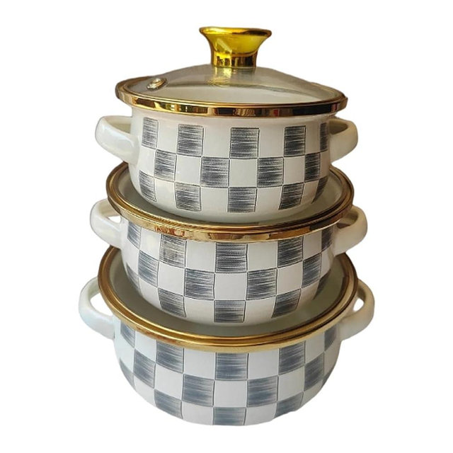ＫＬＫＣＭＳ 3 Pieces Enamel Stockpot with Lid, Cooking Pots Round Stew Bean Simmer Pot with Handles, Soup Pots,Soup Bowl for Restaurant Kitchen Housewarming Gift