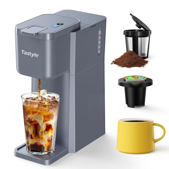 Tastyle Mini Hot and Iced Coffee Maker Single Serve, for K Cup and Ground, 6 to 14 Oz Brew Sizes, with Recipe Book, for Home, Travel, RV, Office and Dorm, Elegant Gray