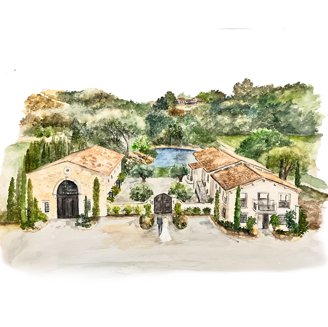 Jill and John collect watercolors from their travels, so this is a watercolor version of the venue! Monserate winery in Fallbrook, CA.