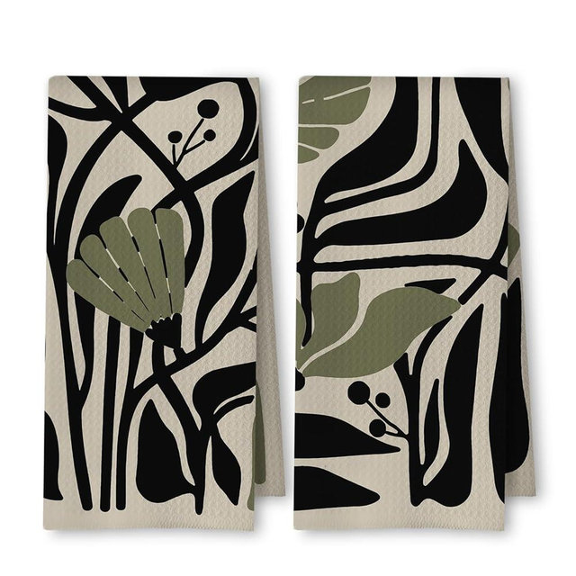 ArtisaEura Abstract Dark sage Green and Black Boho Floral Kitchen Towels Set of 2, 70s Retro Groovy Botanical Dish Tea Towels for Kitchen Bathroom Decor, Mid Century Modern Hand Towels, 16x24 Inch
