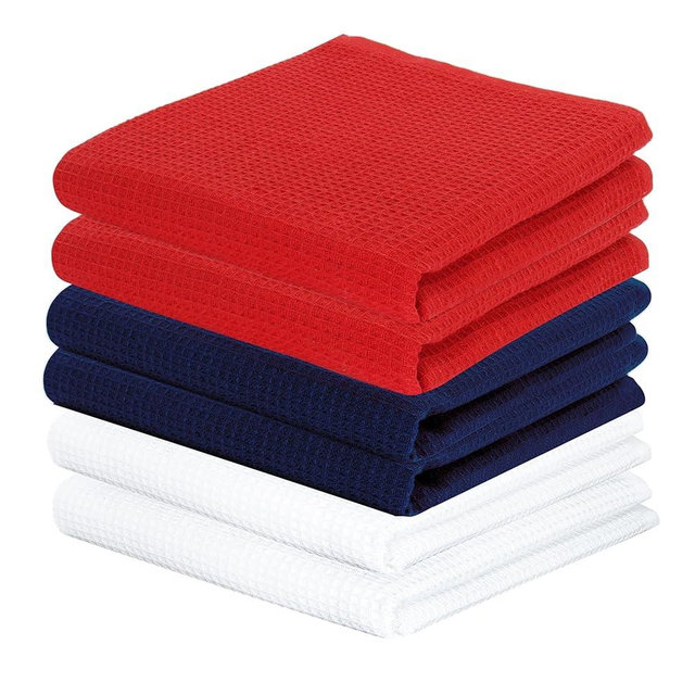 PurpleEssences Waffle Weave Kitchen Solid Dish Cloths 100% Cotton, Ultra Soft Absorbent Quick Drying Dish Towels (Red Blue White, 15 x 25-6 Pack)