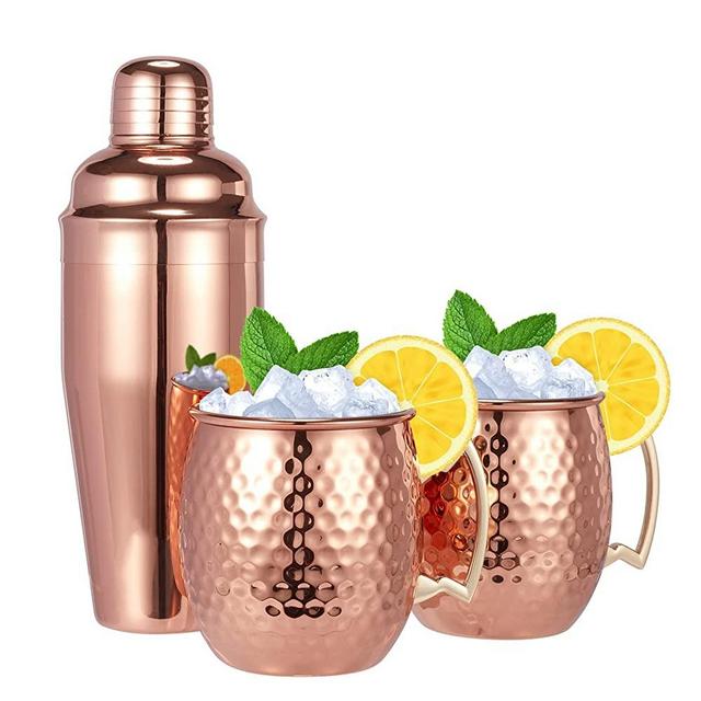 Moscow Mule Mugs Set of 3-Hammered Moscow Mule Mugs Drinking cup with 24oz Cocktail Shaker-Great Dining Entertaining bar Gift Set (Mug Set of 3 -cocktail shaker included))