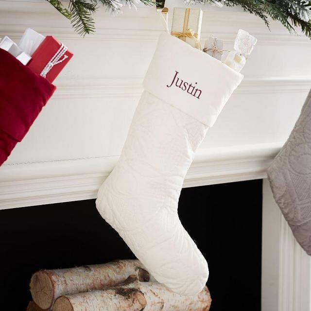 Scroll Quilted Velvet Stockings, Ivory - Medium 9"x19.5"